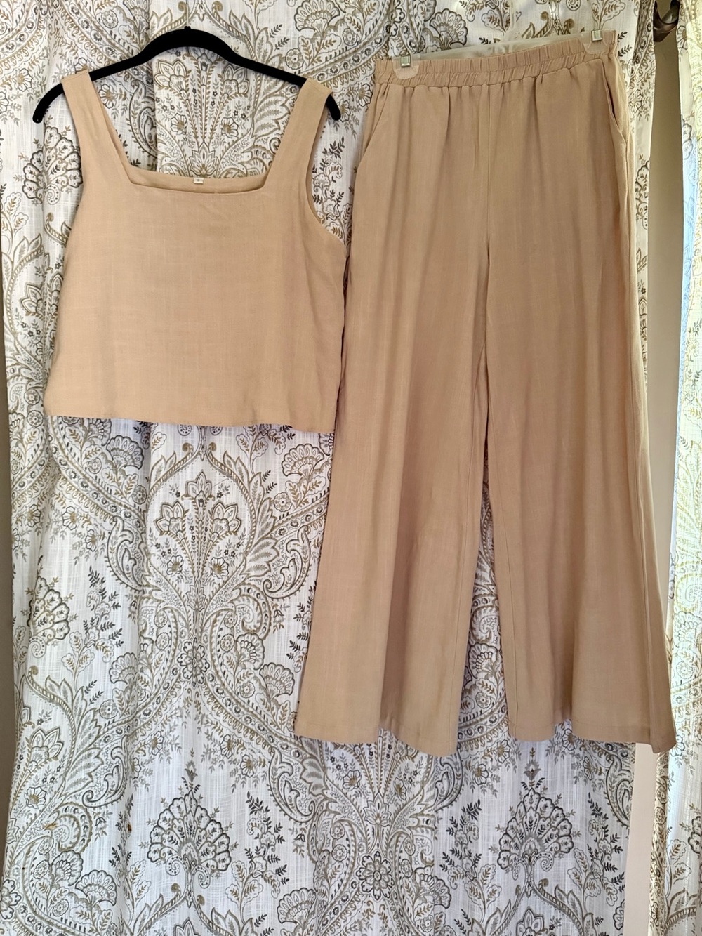 Beige Wide-Leg Linen Blend Pants with Matching Top